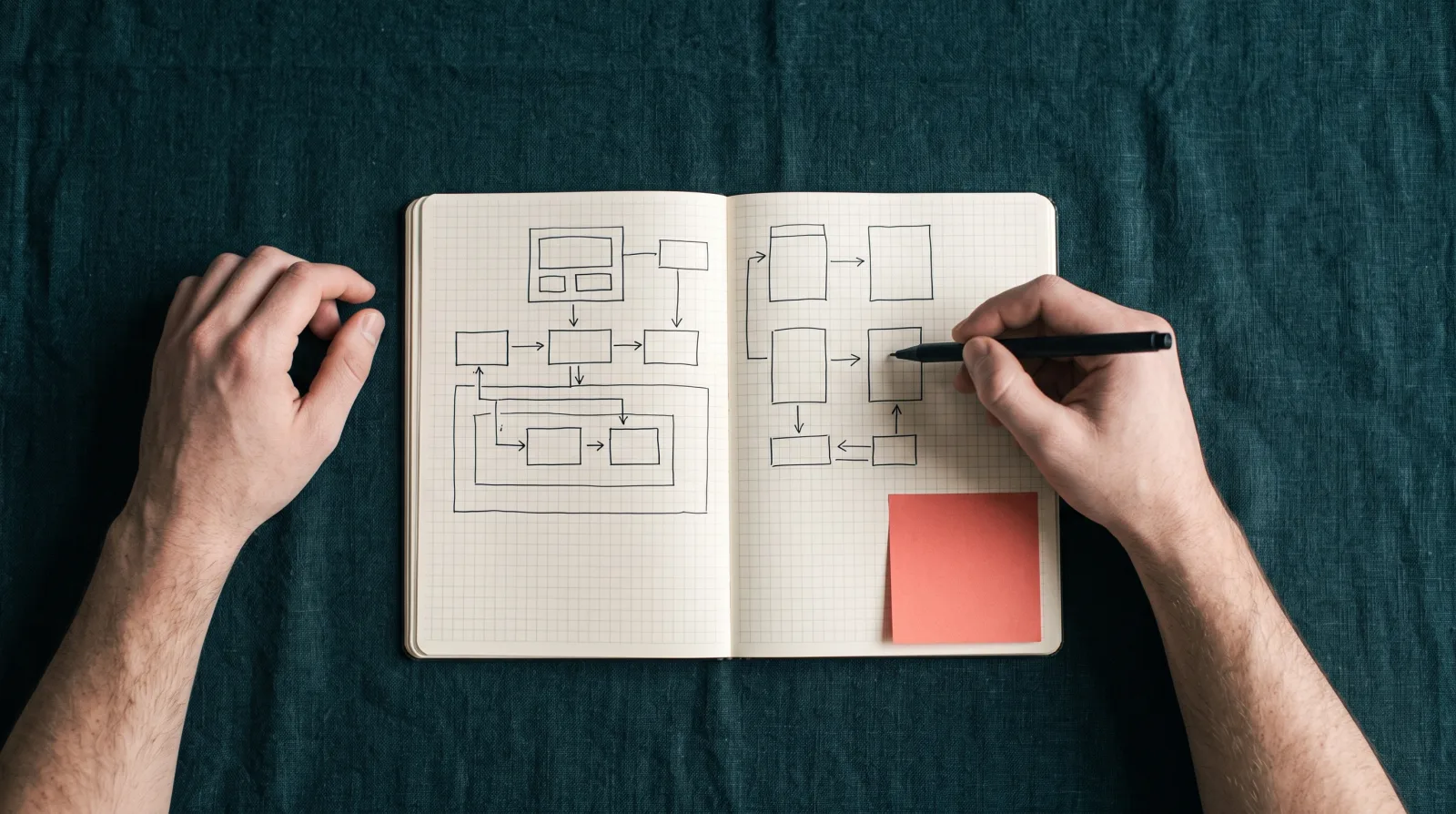 Duas mãos sobre um caderno quadriculado com um fluxo de caixas e setas desenhado a caneta e um post-it vermelho.